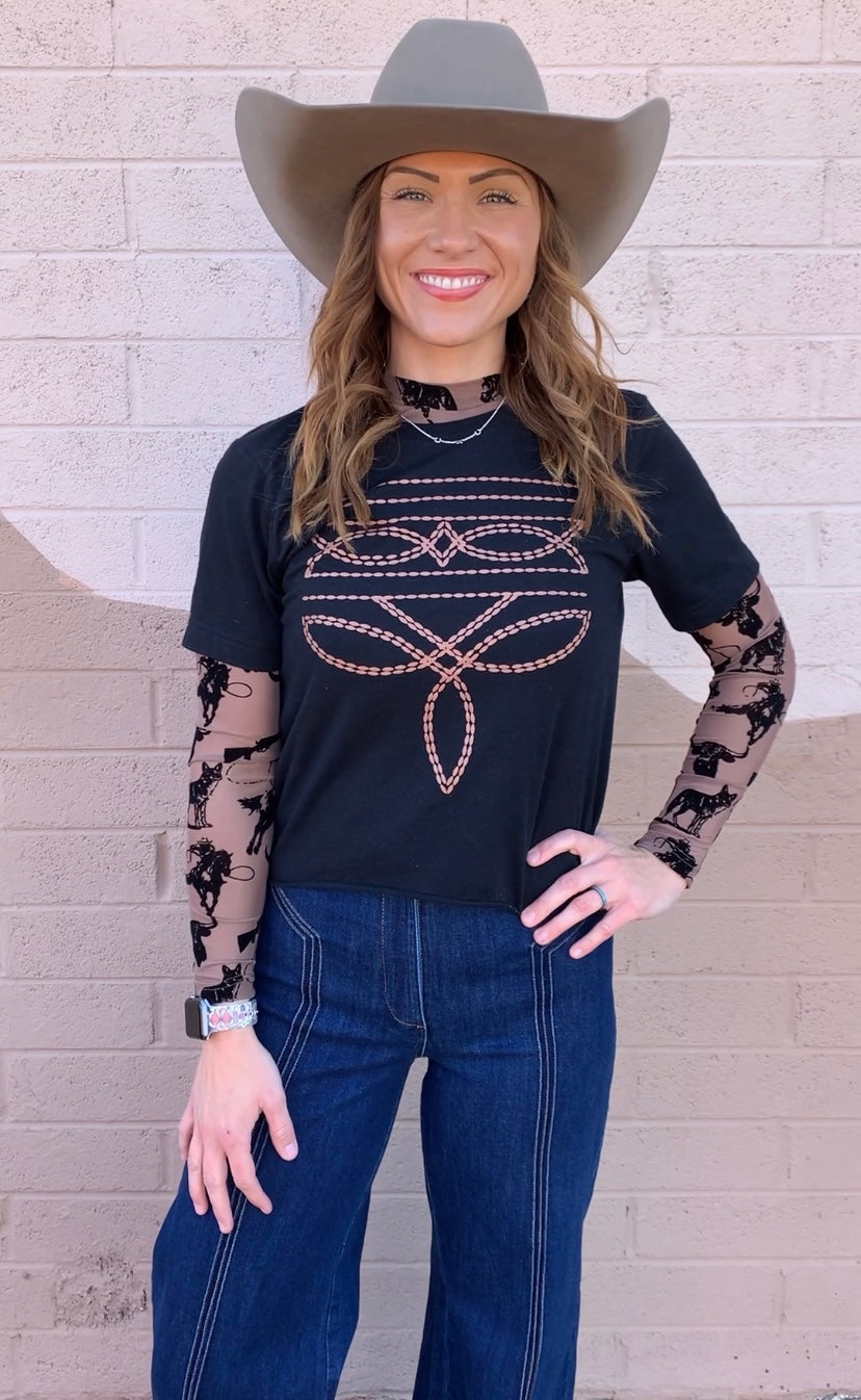 Buffalo Dreams Longsleeve Mesh Top-Brown