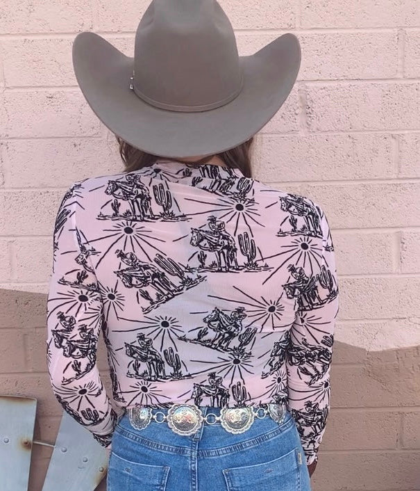 Sunshine & Saddles Longsleeve Mesh Top-Pink