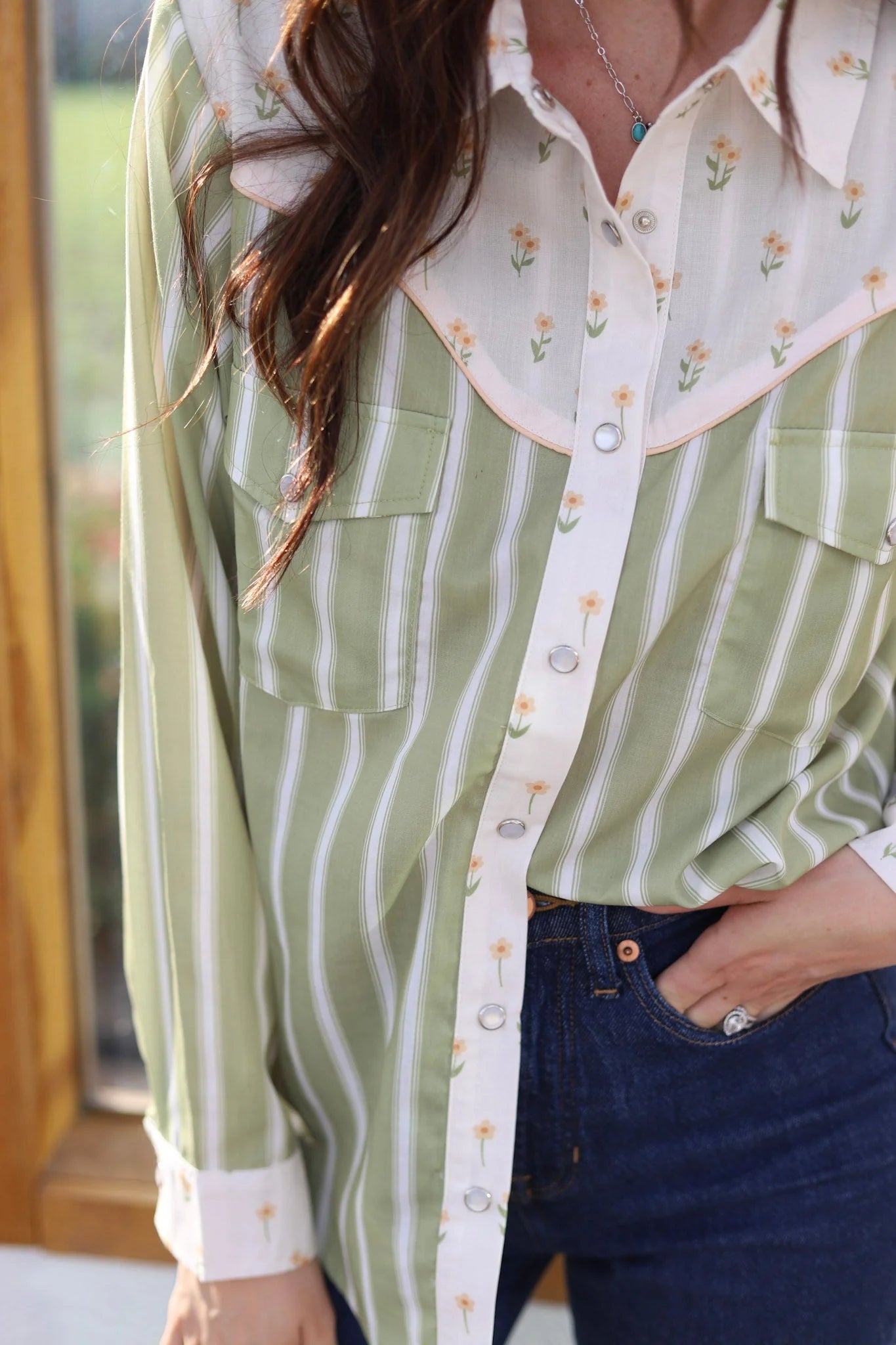 Howdy Hanny Olive Stripe/Daisy Mixed Pattern Pearl Snap