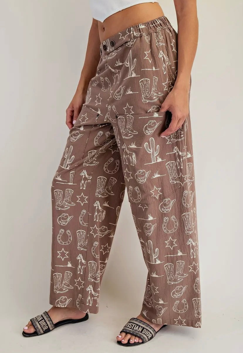 It’s A Cowgirls World Wide Leg Western Print Pants-Tan