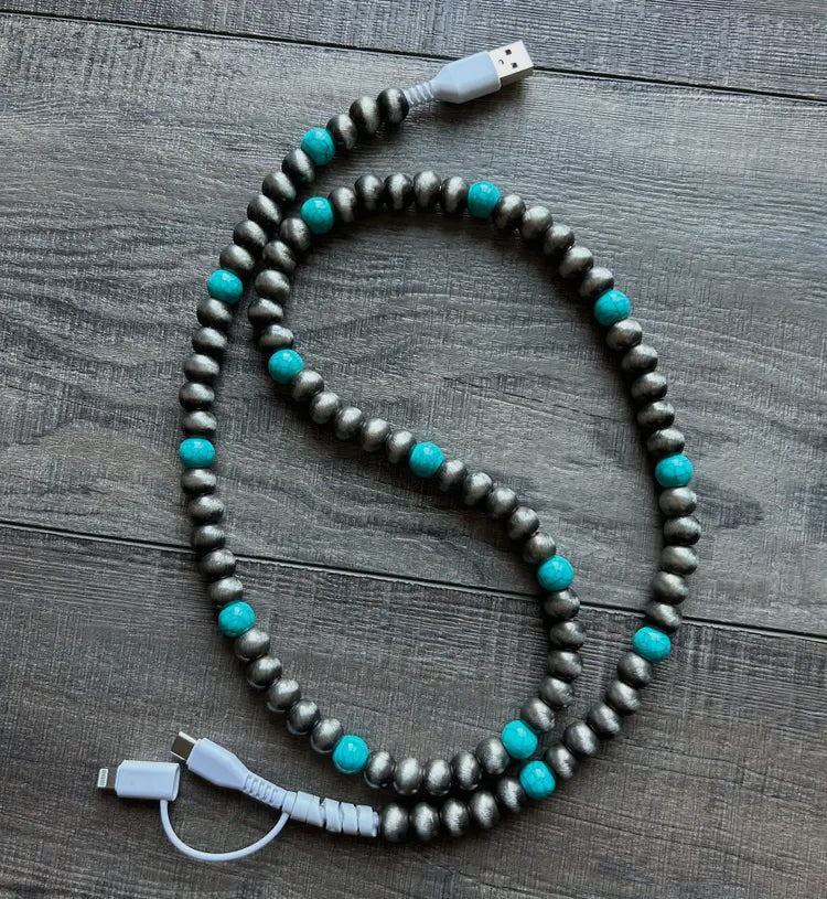 Turquoise Beaded Phone Charger with Lightening & USB-C