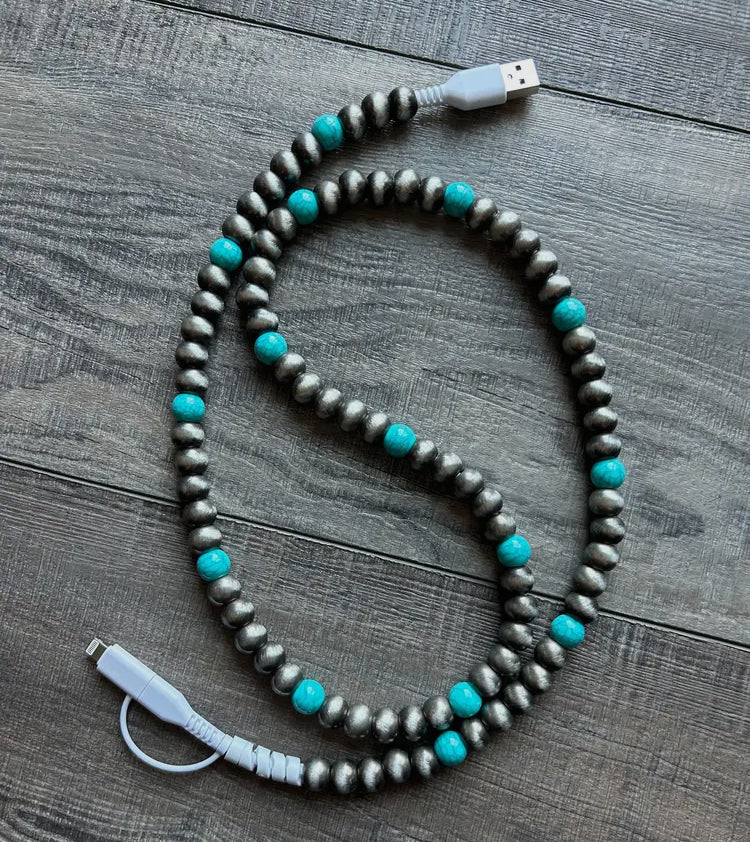Turquoise Beaded Phone Charger with Lightening & USB-C