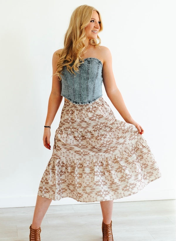 Beige Aztec Print Ruffle Maxi Skirt
