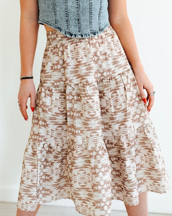 Beige Aztec Print Ruffle Maxi Skirt
