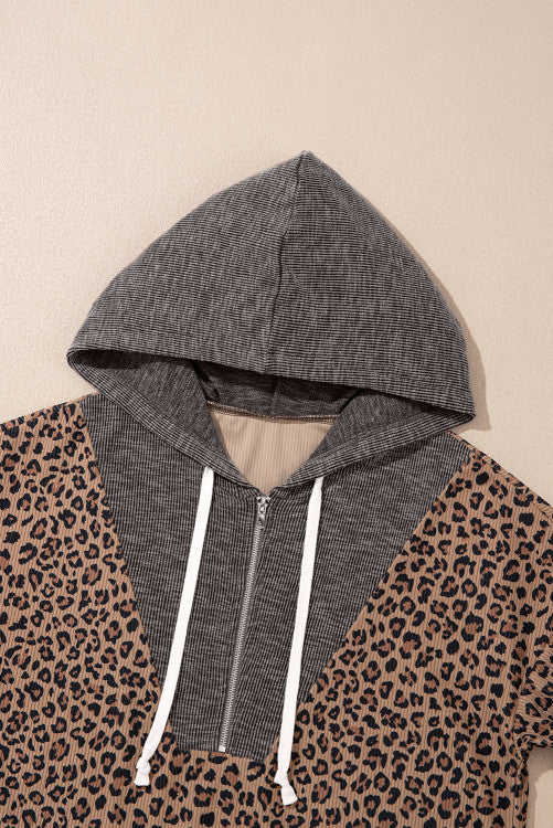 Khaki 1/2 Zip Ribbed Leopard Print Hooded Pullover