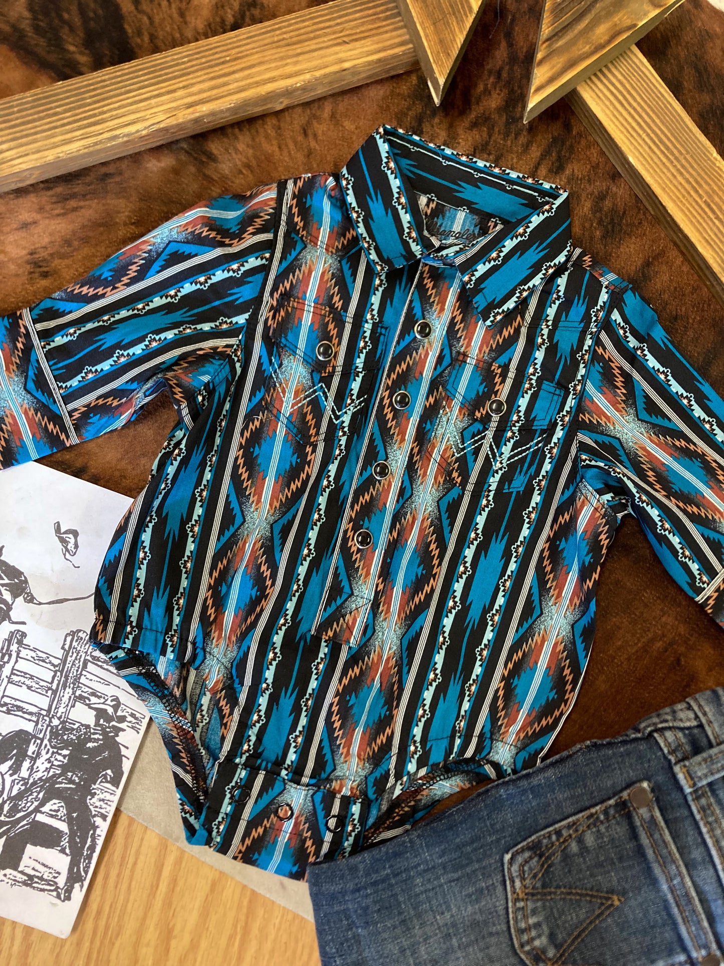 Wrangler Aztec Baby Boy Longsleeve Button Up Onesie