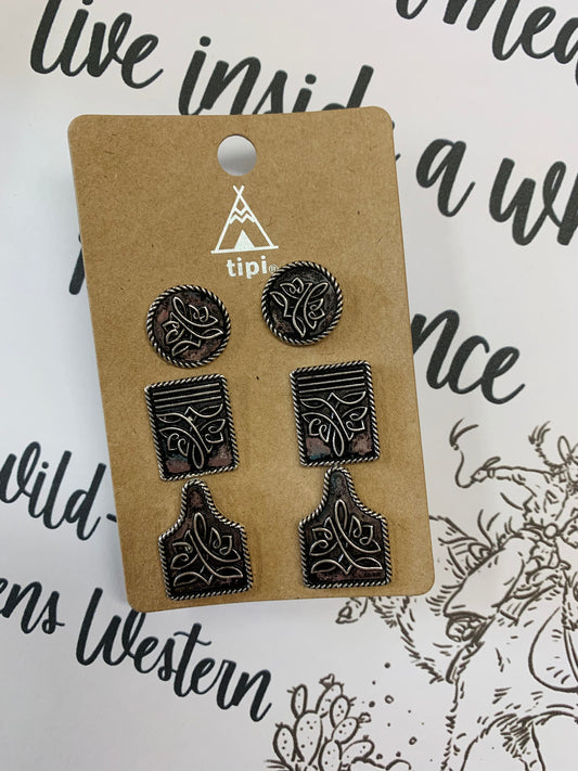 3 Piece Silvertone Bootstitch Stud Earring Set