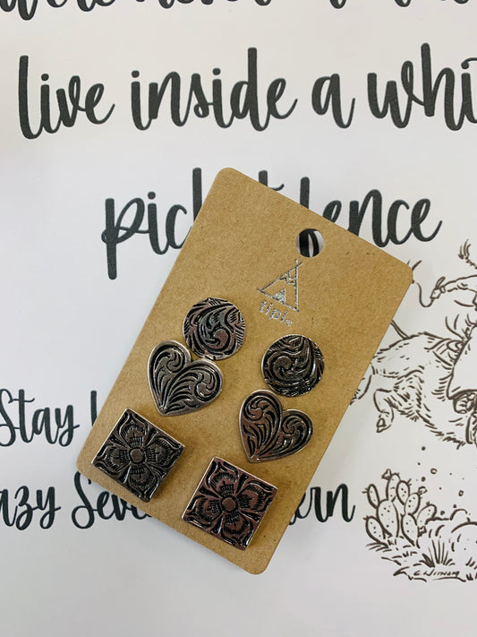 3 Piece Silvertone Stud Earring Set