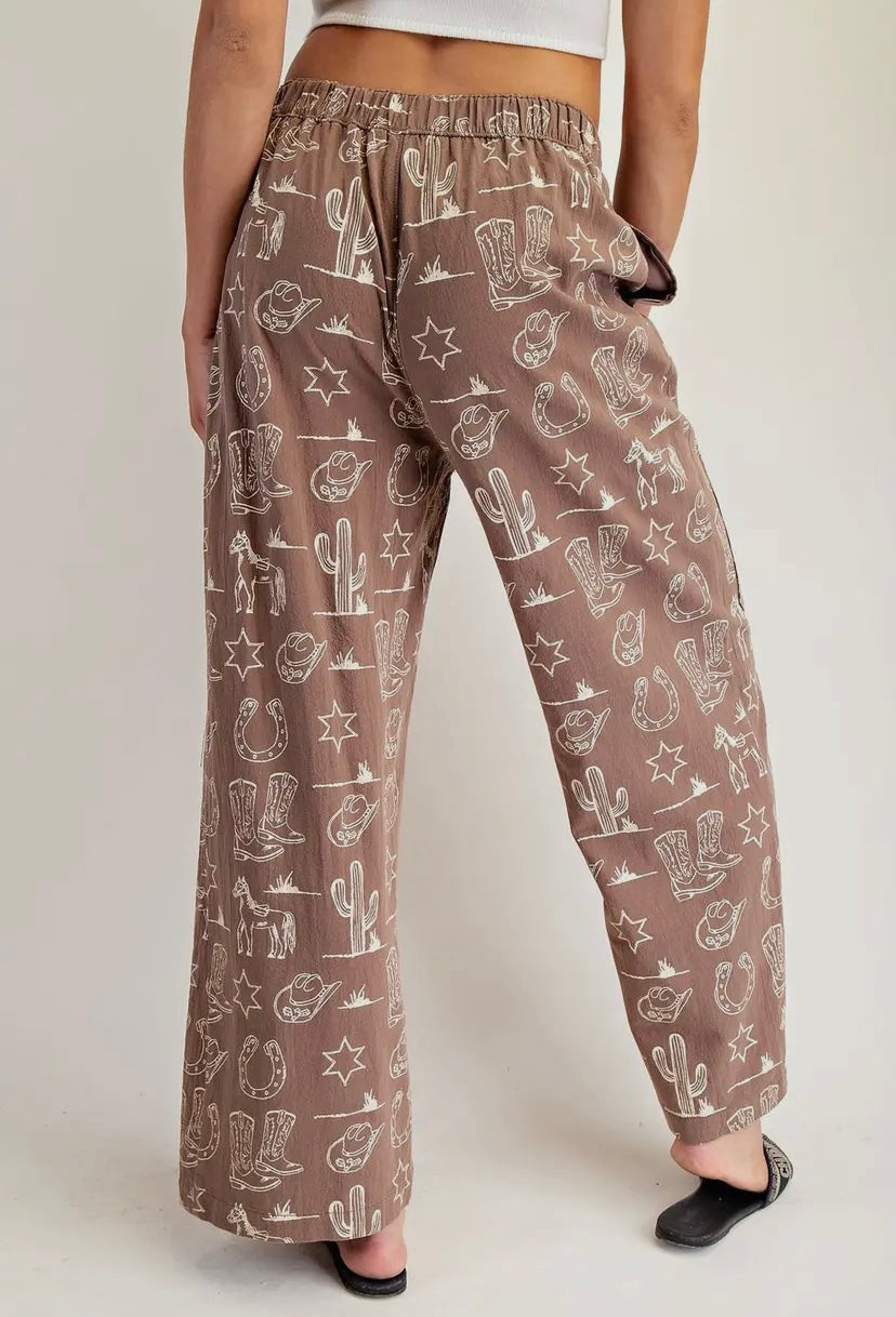 It’s A Cowgirls World Wide Leg Western Print Pants-Tan