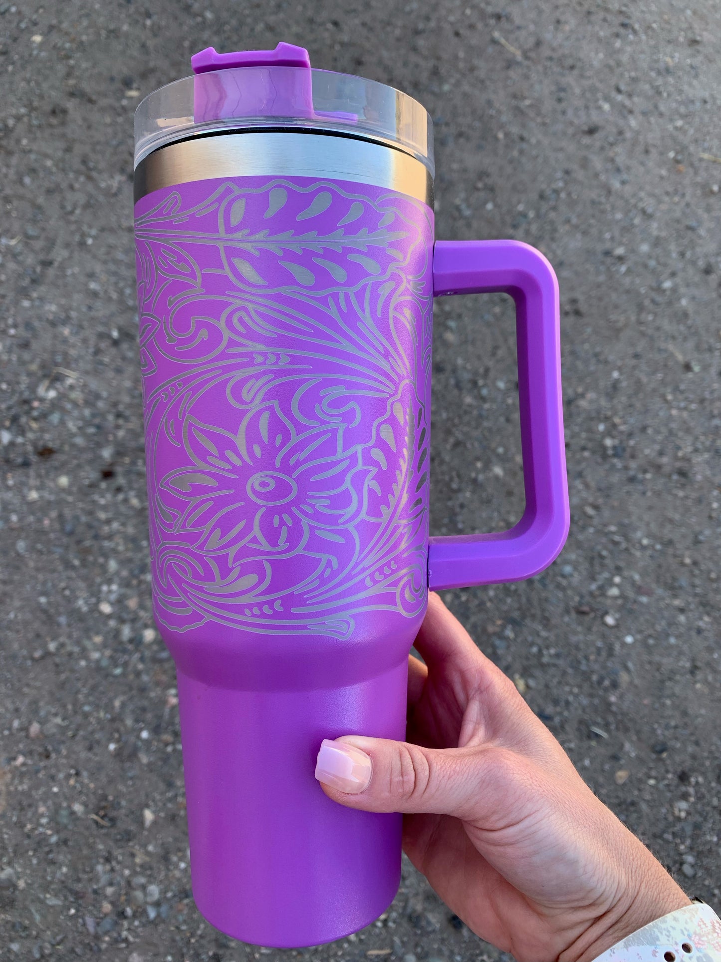 Laser Engraved 40 oz. Floral Tooled Leather Tumbler - Pretty Purple
