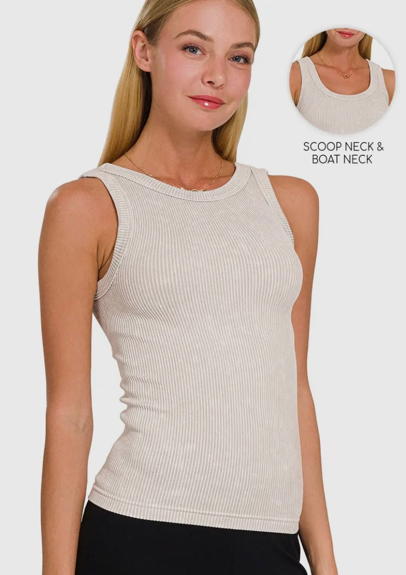 2 Way Neckline Washed Rib Cropped Tank Top - Bone