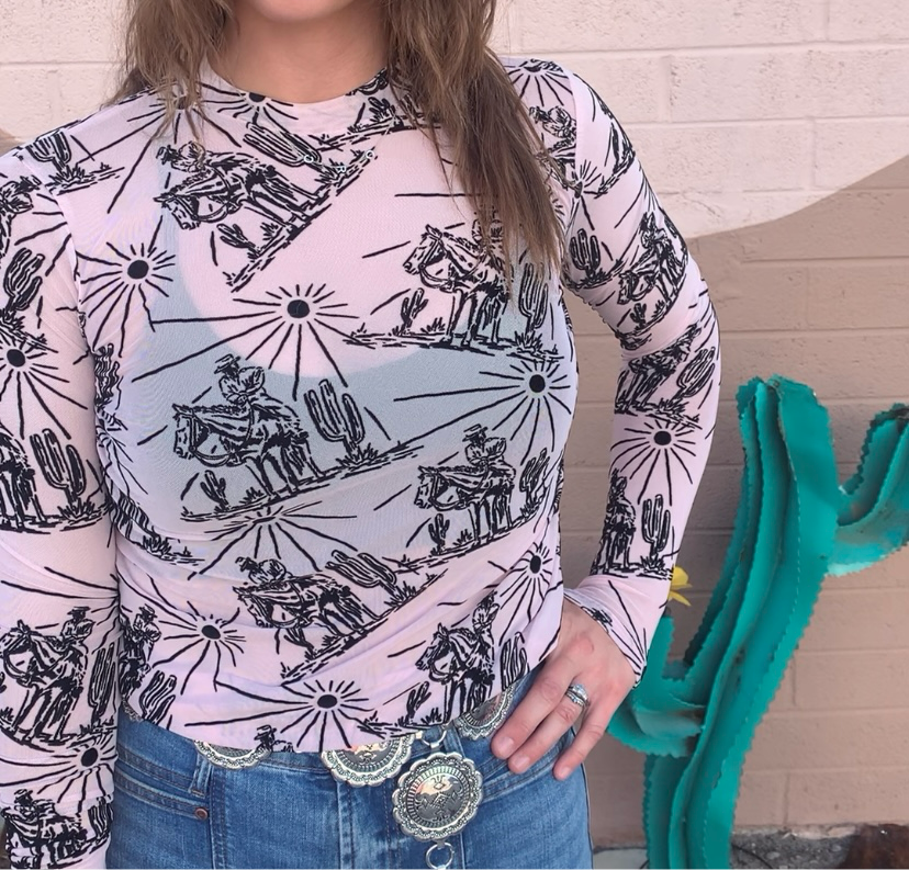 Sunshine & Saddles Longsleeve Mesh Top-Pink