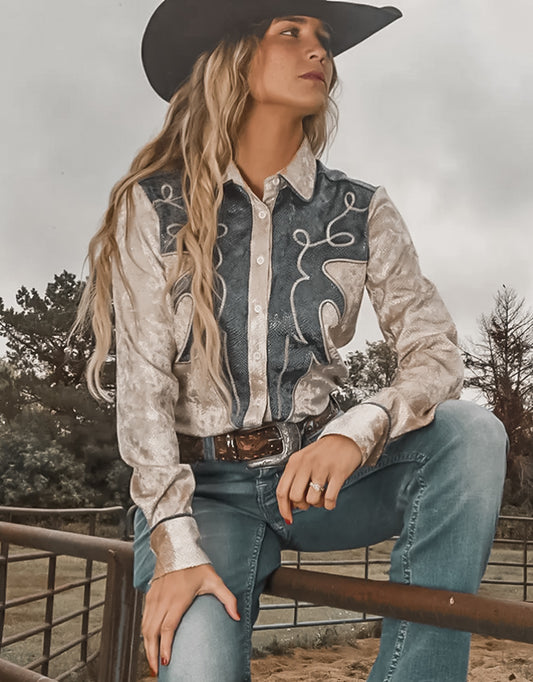 Cowgirl Tuff Performance Pullover - Blue/Cream Snakeskin