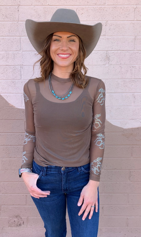 Rhinestone Pony Longsleeve Mesh Top