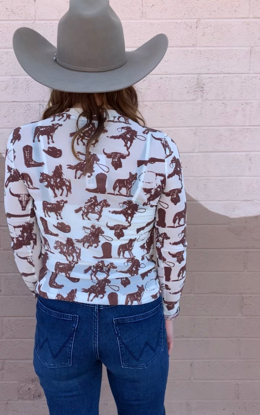 Buffalo Dreams Longsleeve Mesh Top-Cream