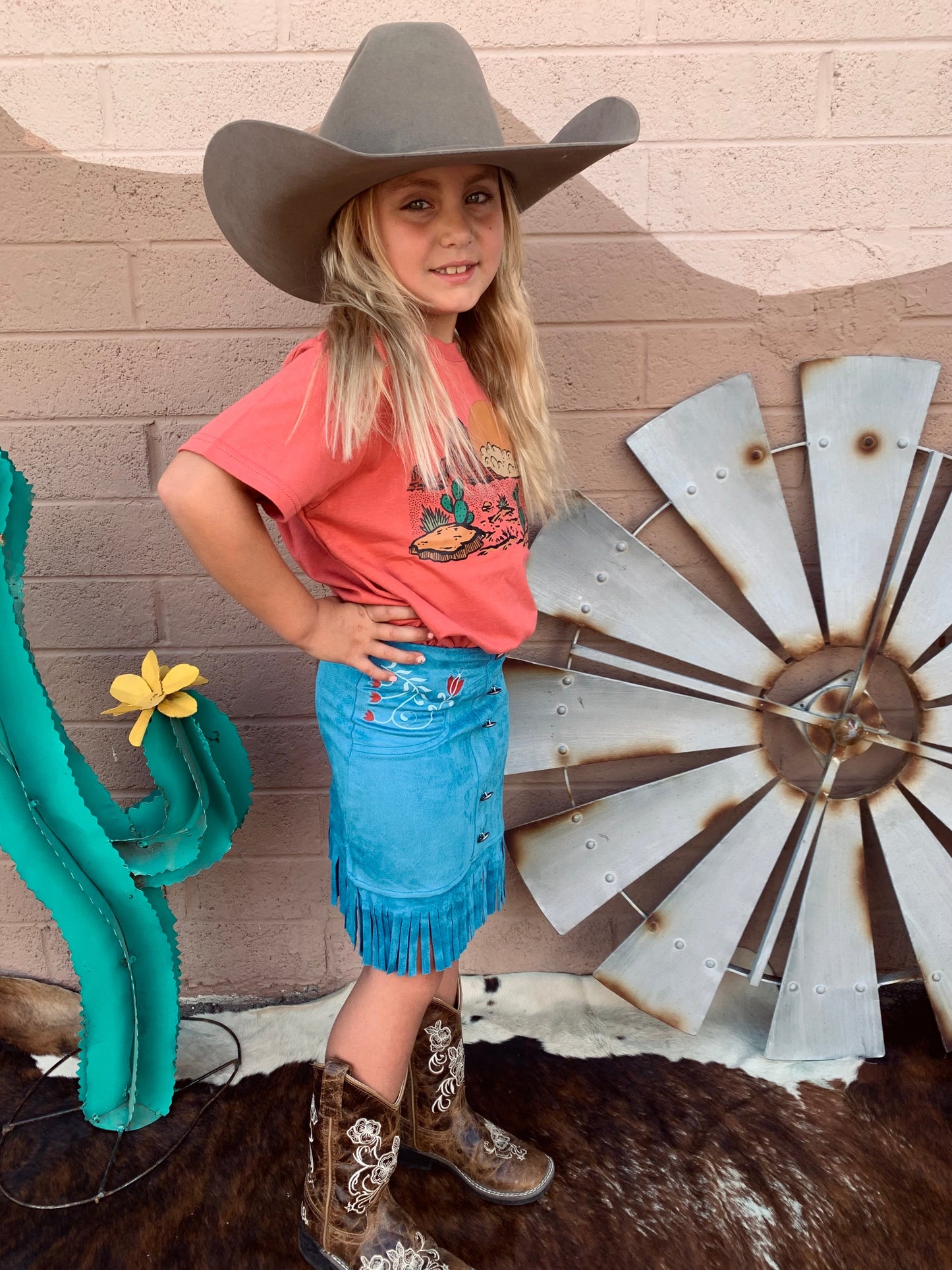 Blue Bella Sueded Fringe Button Down Skirt