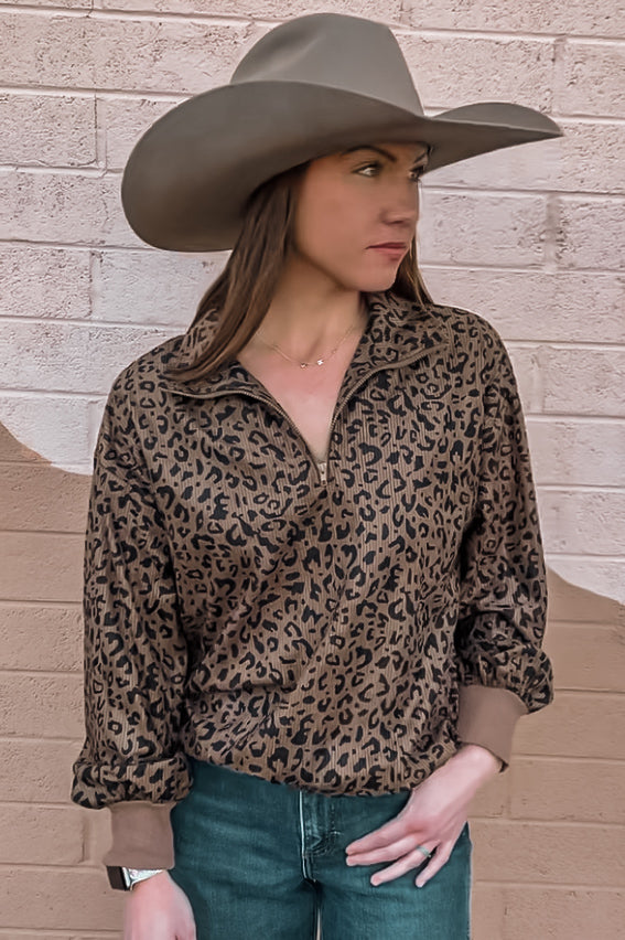 Feisty Cowgirl Leopard Print Quarter Zip Pullover