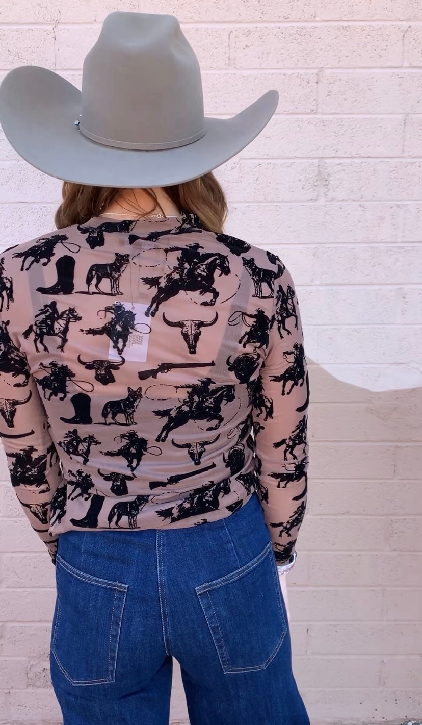 Buffalo Dreams Longsleeve Mesh Top-Brown