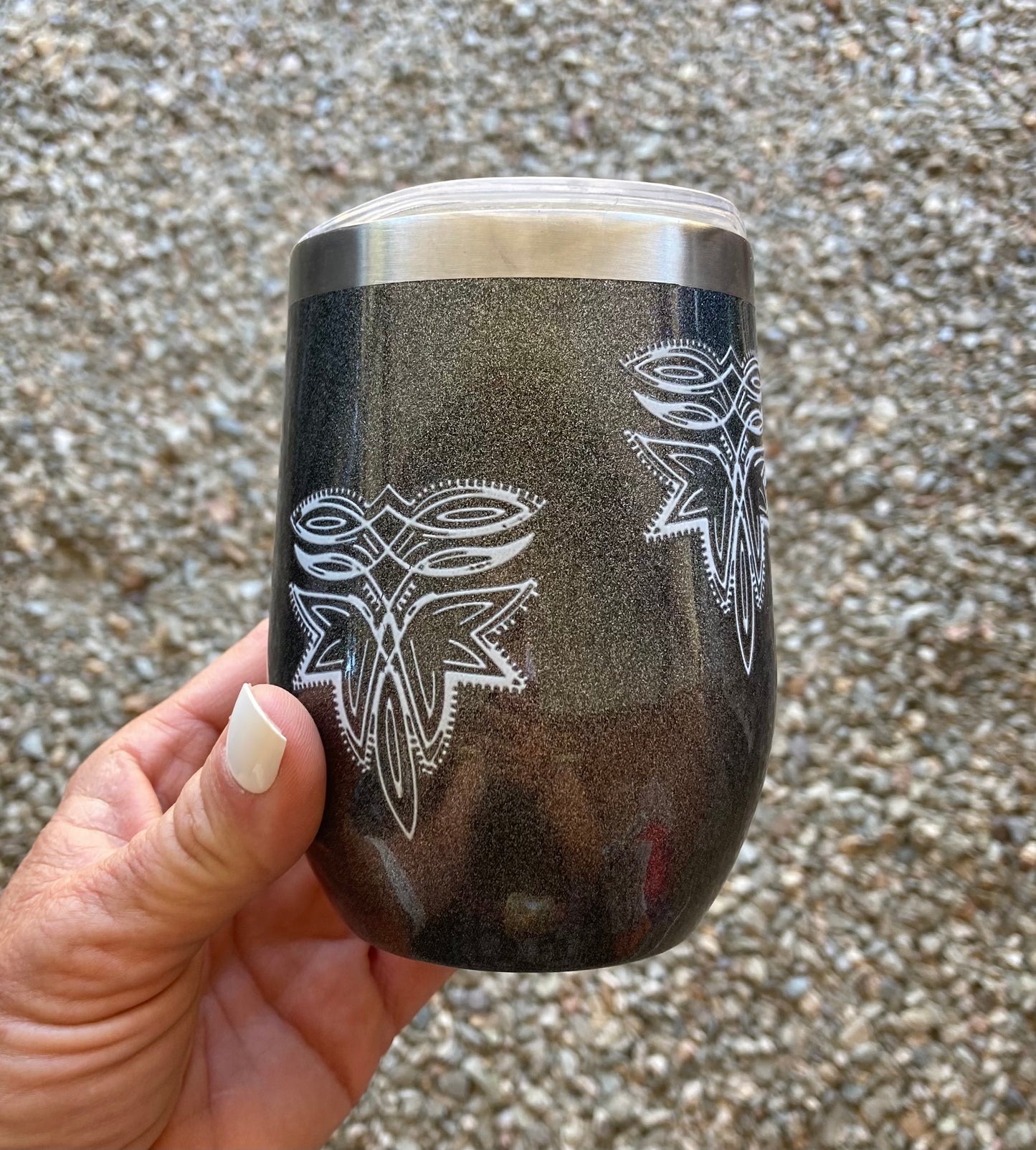 Cowgirl Bootstitch 12 oz. Western Wine Tumbler - Glitter Black