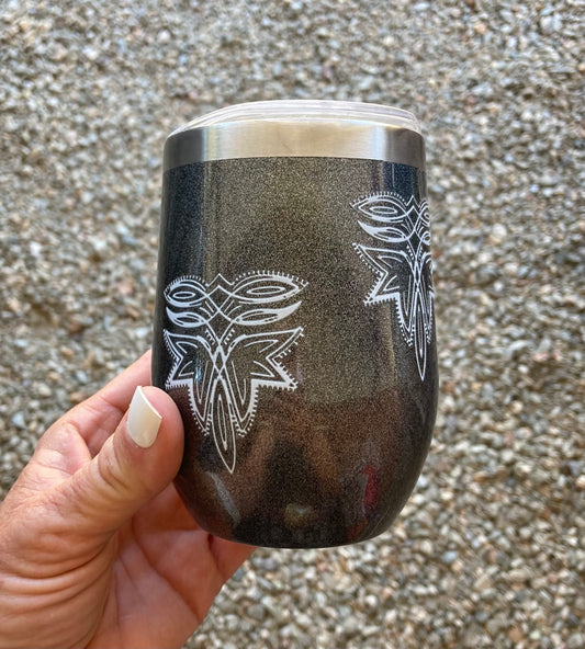 Cowgirl Bootstitch 12 oz. Western Wine Tumbler - Glitter Black