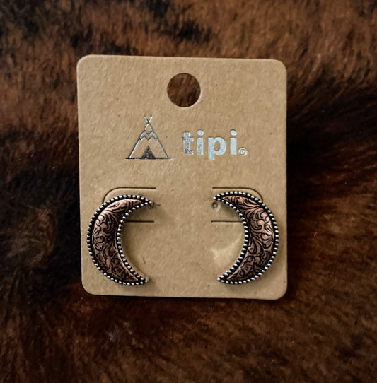Tooled Copper Moon Stud Earrings