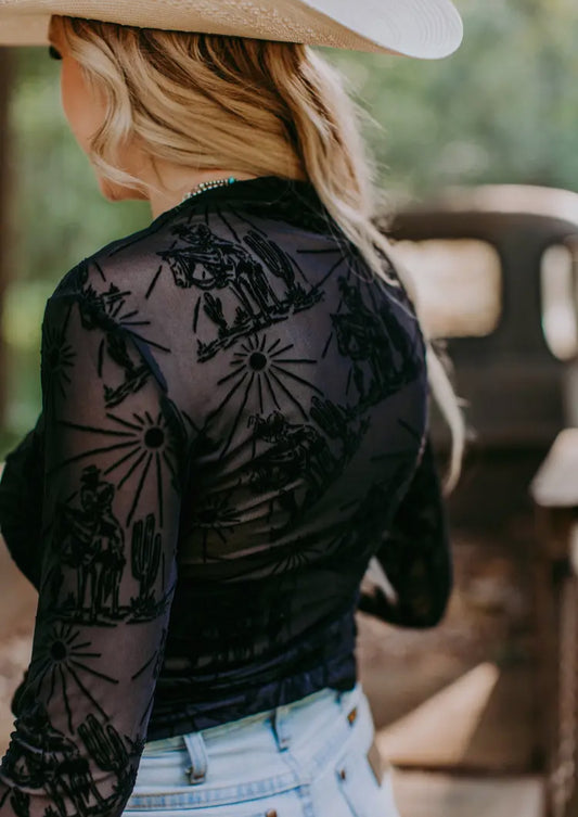 Sunshine & Saddles Longsleeve Mesh Top-Black