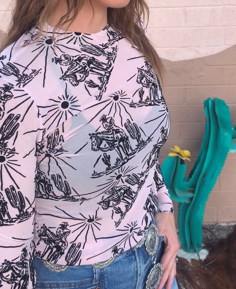 Sunshine & Saddles Longsleeve Mesh Top-Pink