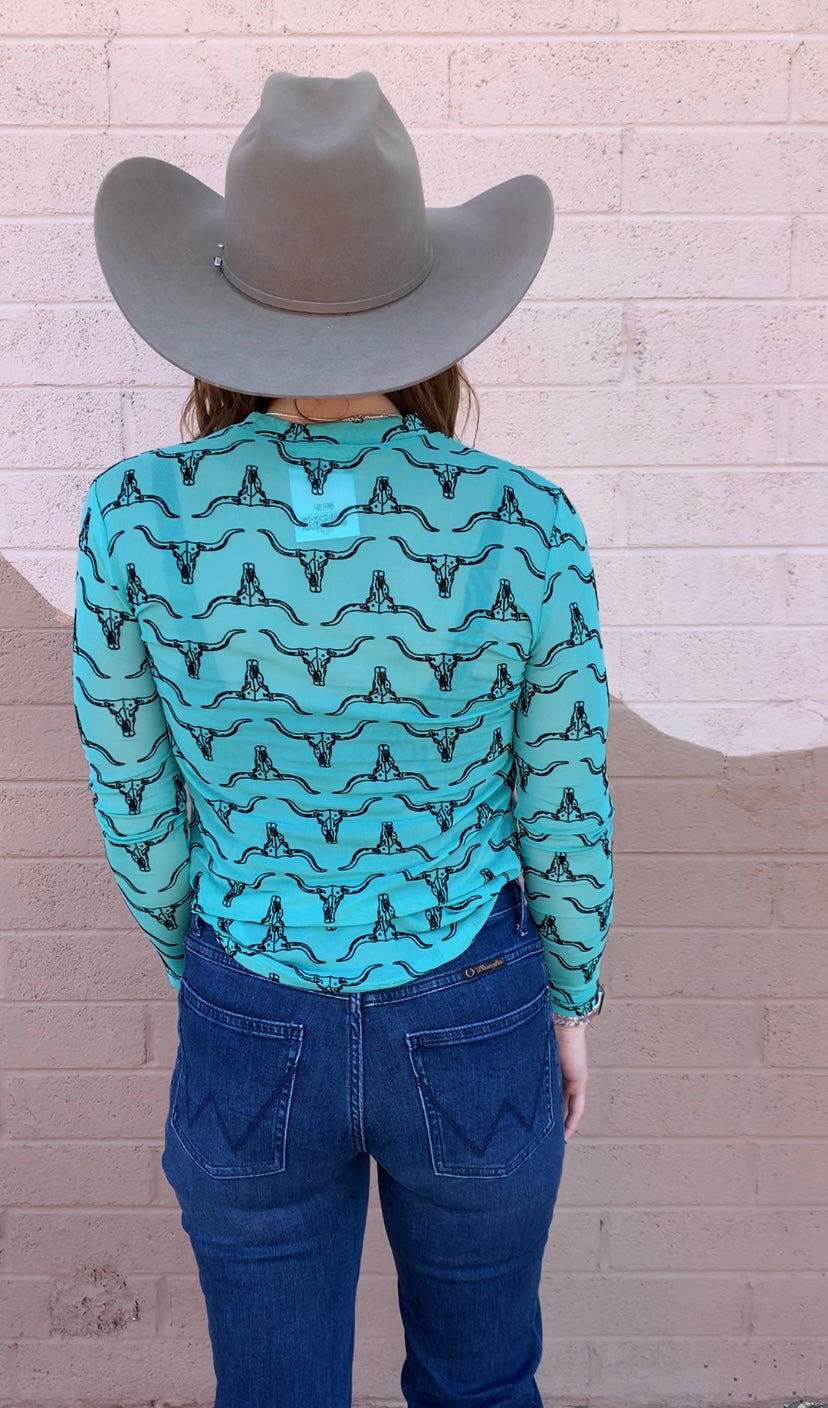 Turquoise Vaca Longsleeve Mesh Top