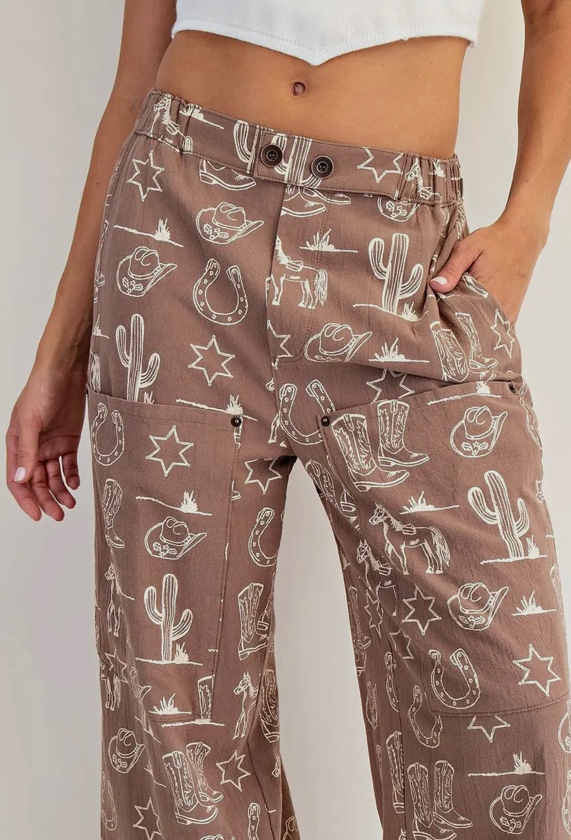 It’s A Cowgirls World Wide Leg Western Print Pants-Tan