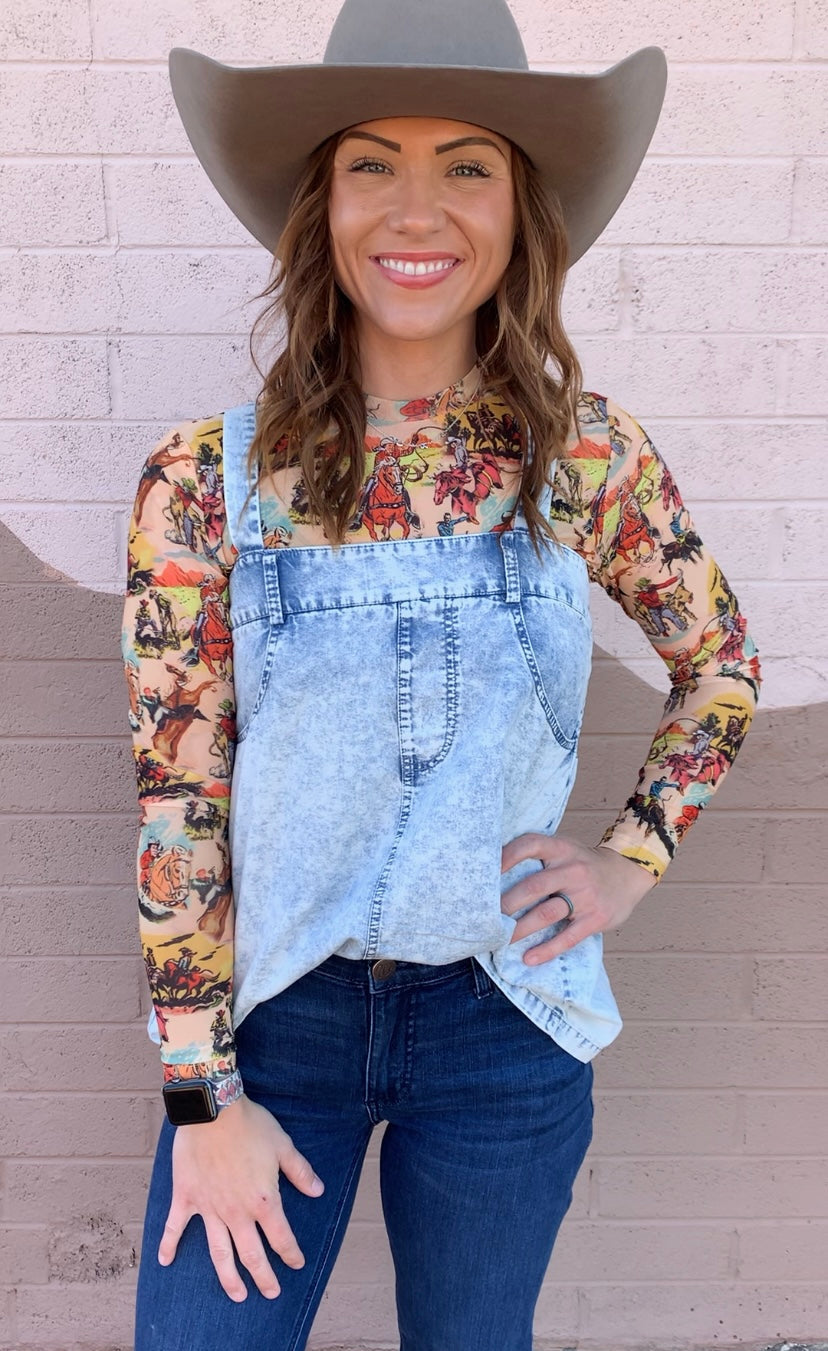 Vintage Cowboy Longsleeve Mesh Top