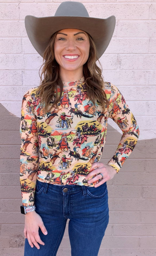 Vintage Cowboy Longsleeve Mesh Top