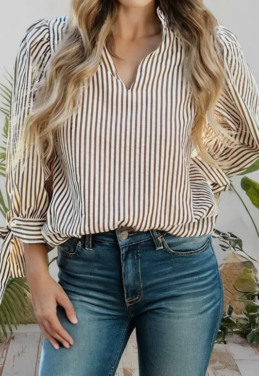 Fallon Striped V-Neck Knot Bracelet Sleeve Blouse