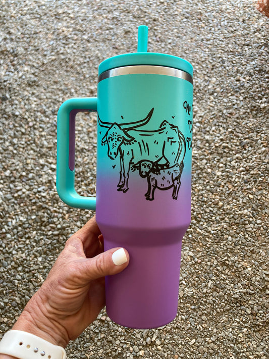 40oz. No Grass Cattle Co. Tumbler - Purple/Turquoise Ombré