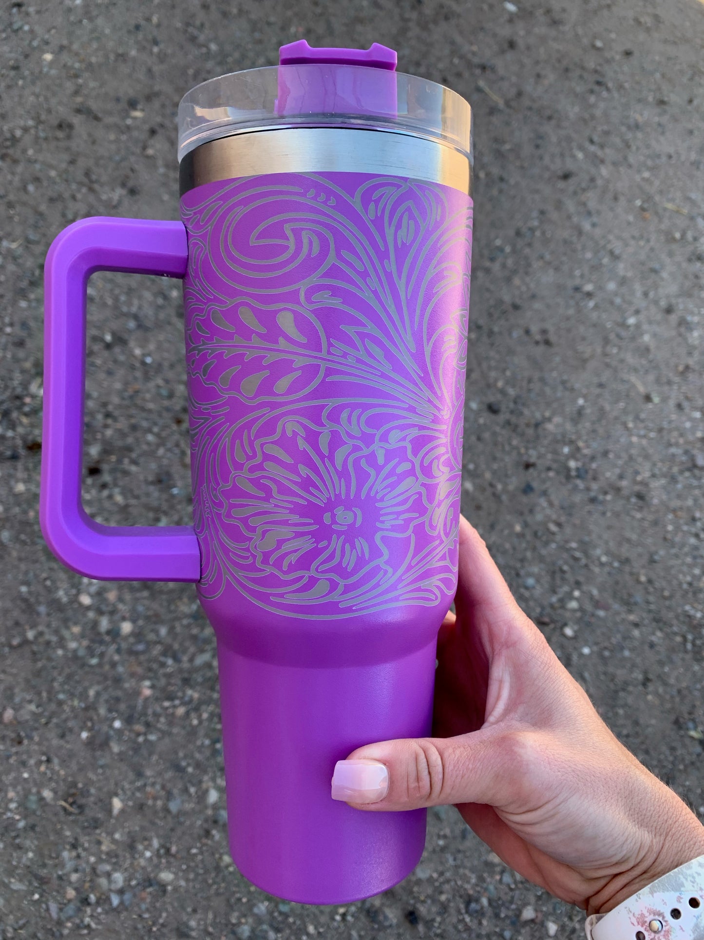 Laser Engraved 40 oz. Floral Tooled Leather Tumbler - Pretty Purple