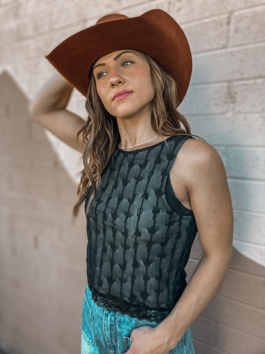 Cowgirl Dreamin’ Western Mesh Top - Midnight