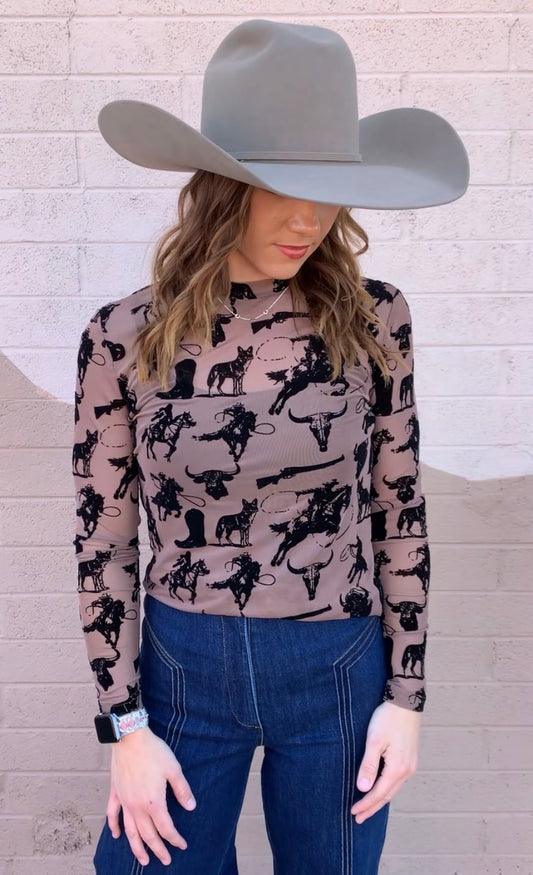 Buffalo Dreams Longsleeve Mesh Top-Brown