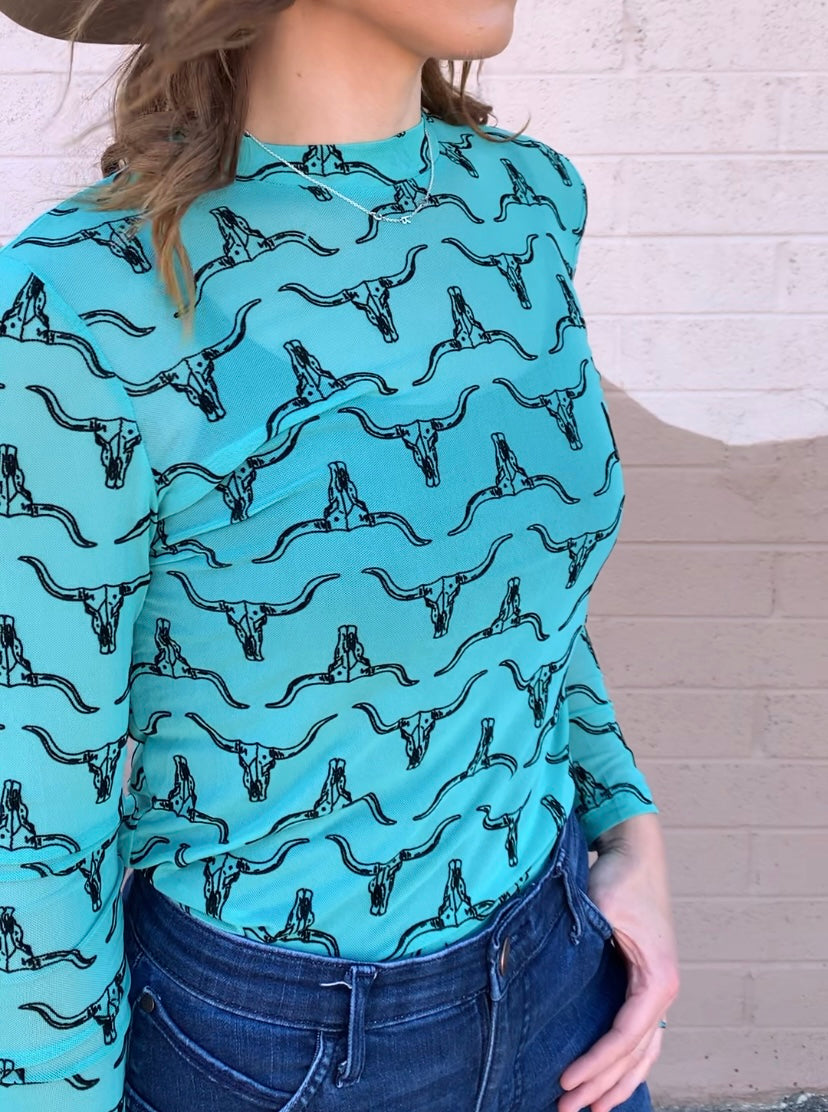 Turquoise Vaca Longsleeve Mesh Top
