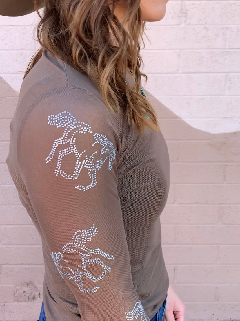 Rhinestone Pony Longsleeve Mesh Top