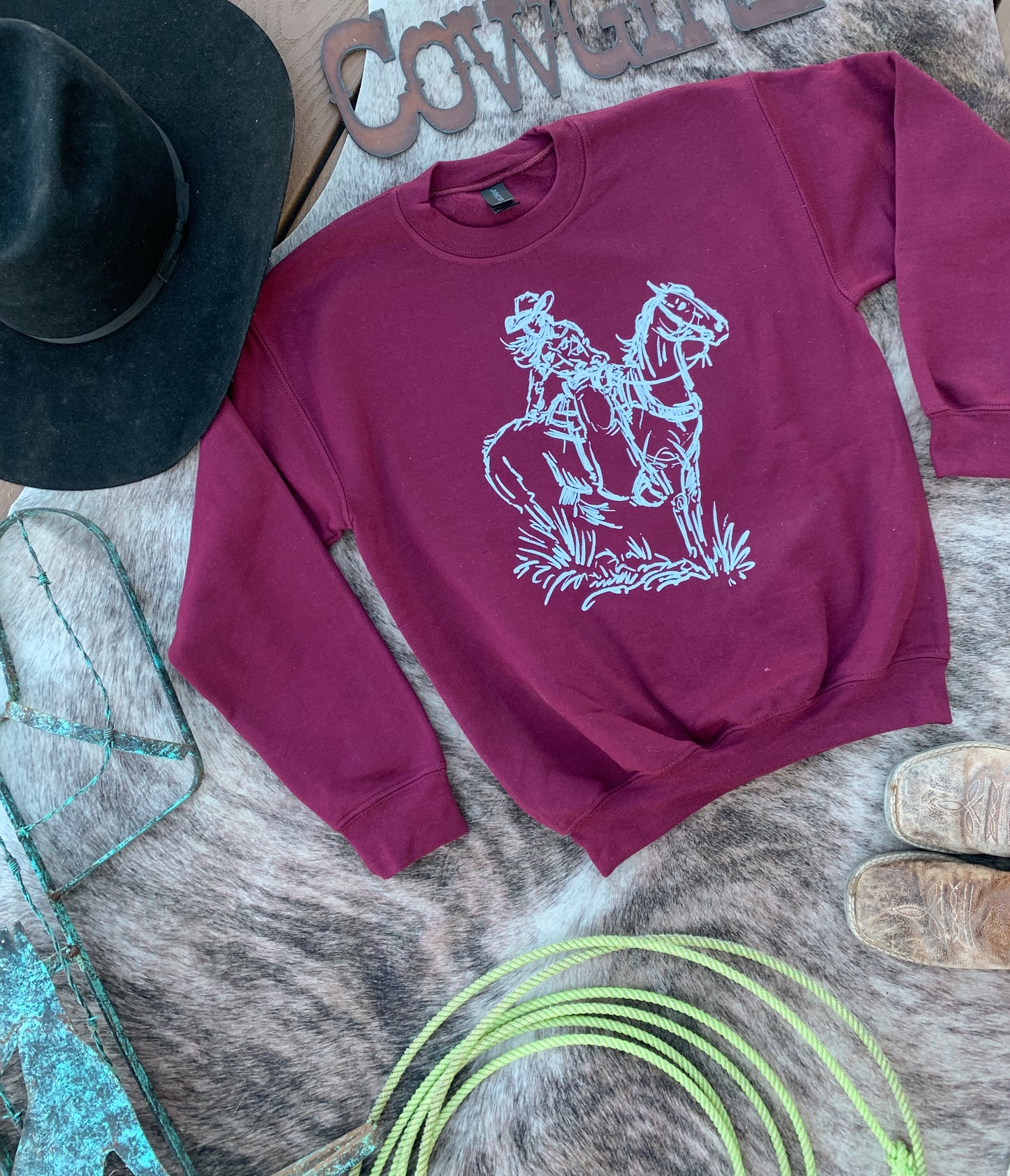 Maroon Cowgirl Youth Crewneck Sweatshirt