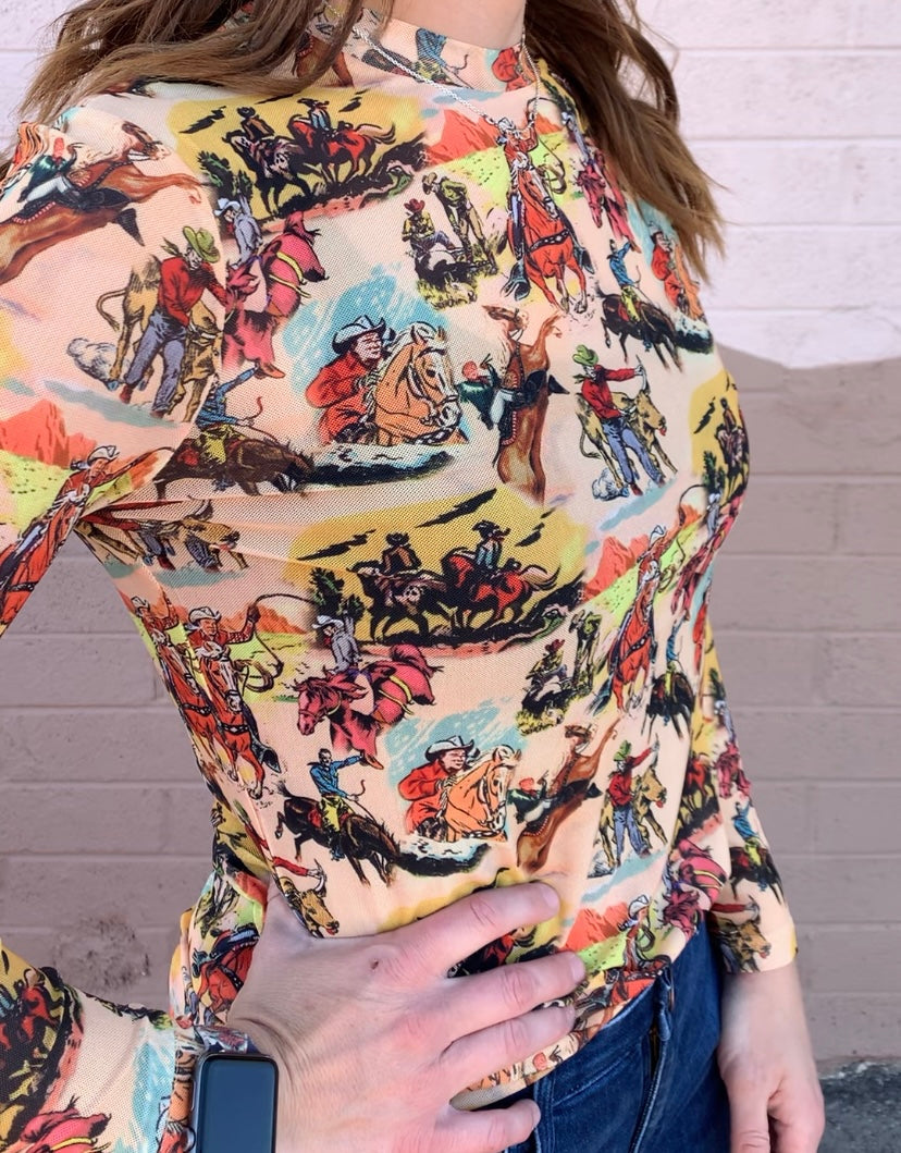 Vintage Cowboy Longsleeve Mesh Top
