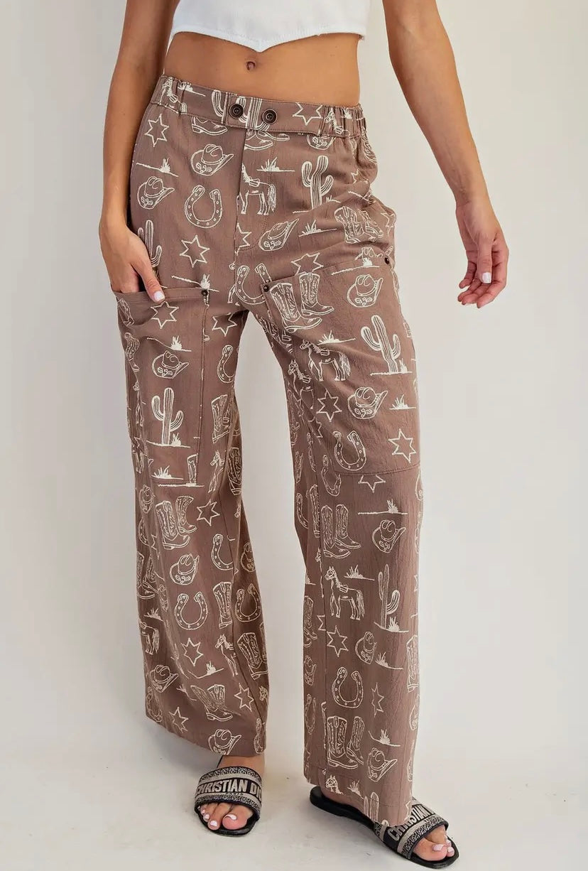 It’s A Cowgirls World Wide Leg Western Print Pants-Tan
