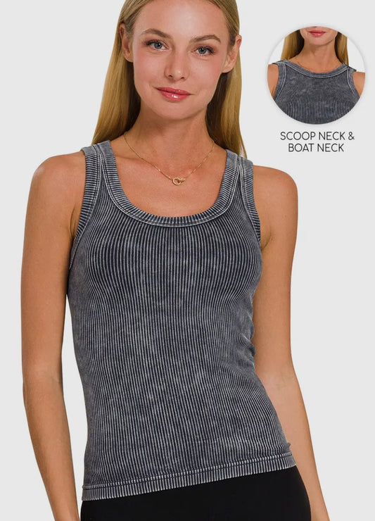 2 Way Neckline Washed Rib Cropped Tank Top - Black