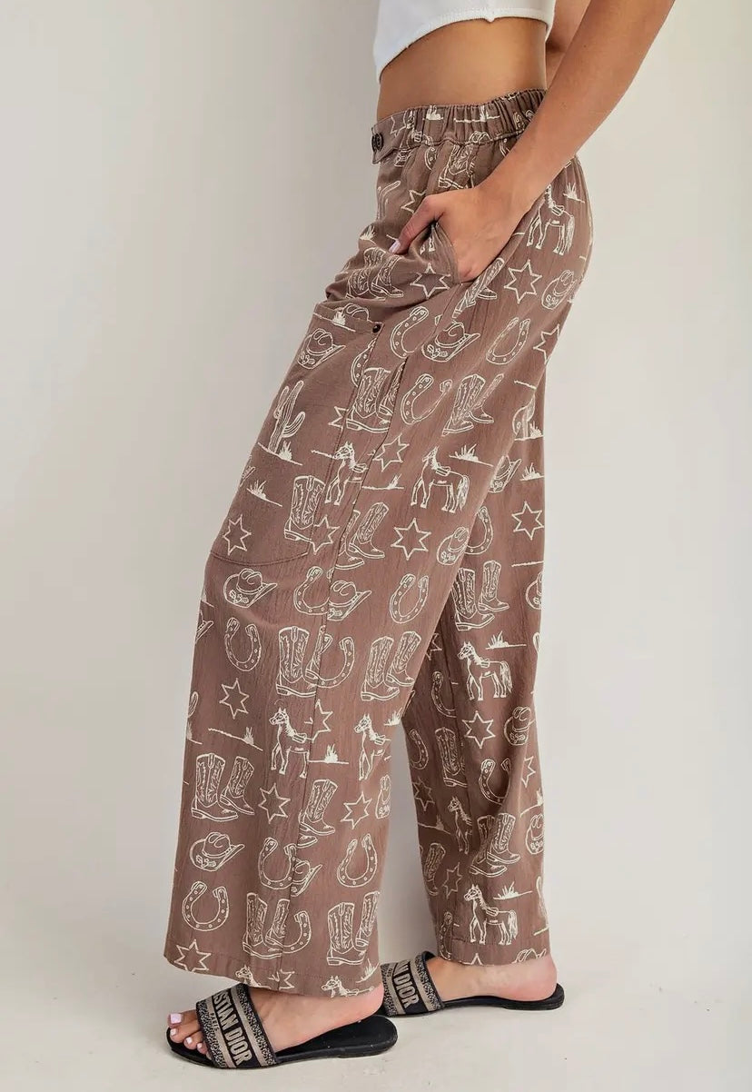 It’s A Cowgirls World Wide Leg Western Print Pants-Tan