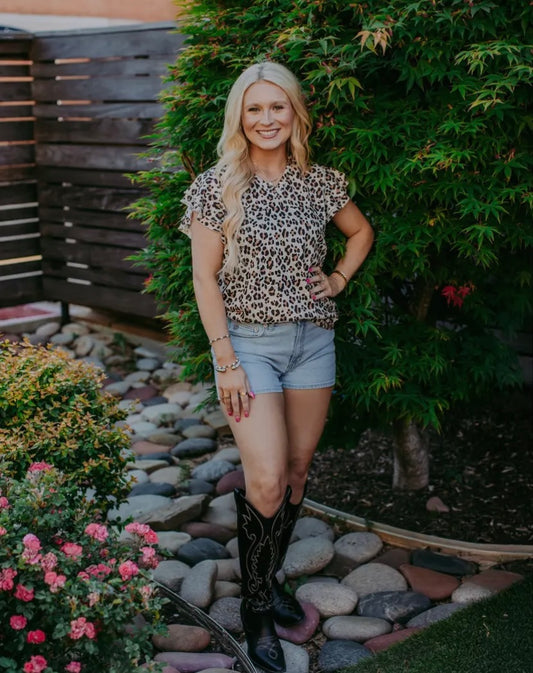 Ruffle Sleeve Leopard Print Top