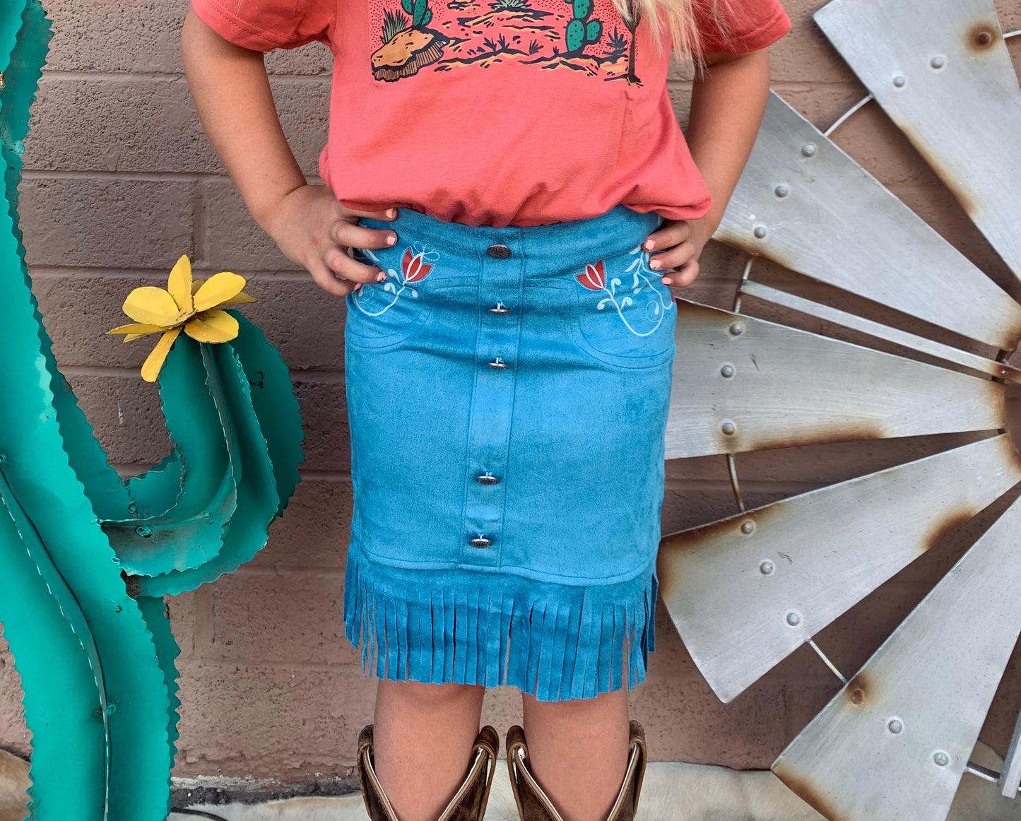 Blue Bella Sueded Fringe Button Down Skirt