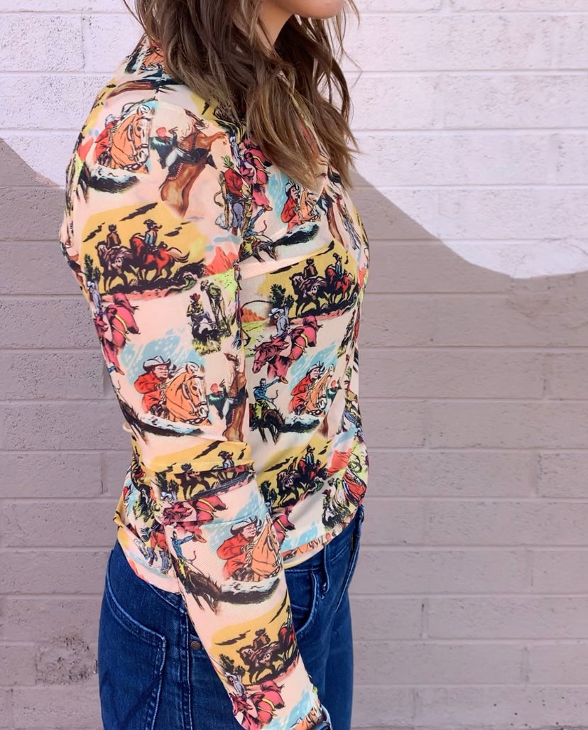 Vintage Cowboy Longsleeve Mesh Top