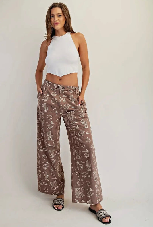 It’s A Cowgirls World Wide Leg Western Print Pants-Tan