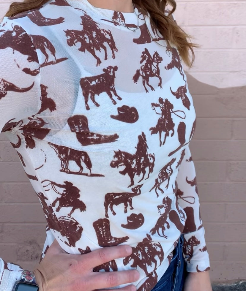 Buffalo Dreams Longsleeve Mesh Top-Cream