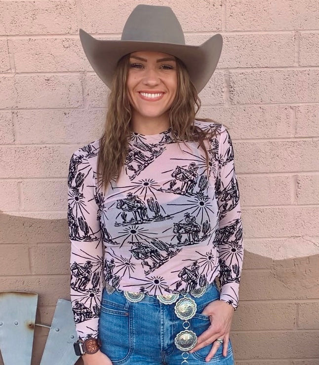 Sunshine & Saddles Longsleeve Mesh Top-Pink