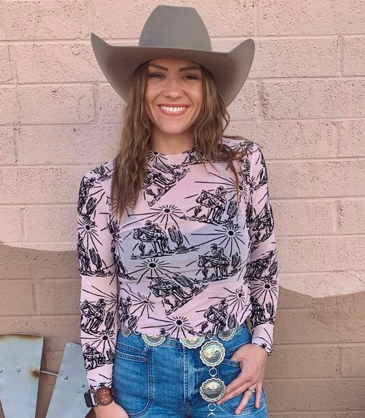 Sunshine & Saddles Longsleeve Mesh Top-Pink